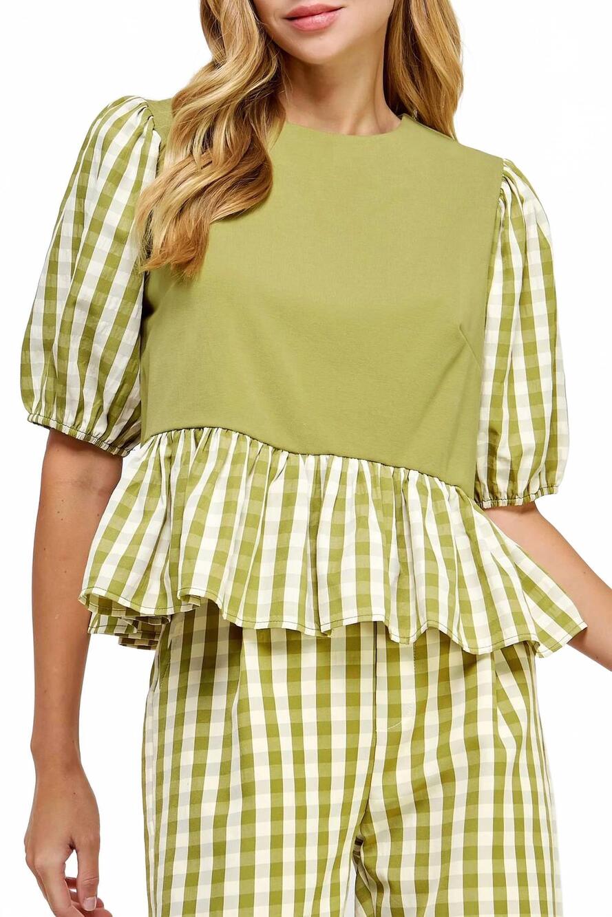 NEW STRUT & BOLT alice gingham bubble sleeves top in olive